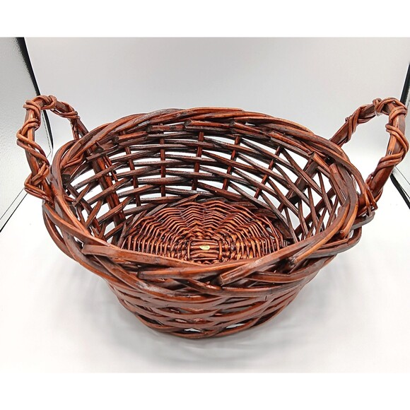 Wicker Gathering Basket Brown Thick Woven Side Handle Round Decor Bread Fruit 9" - Picture 2 of 12